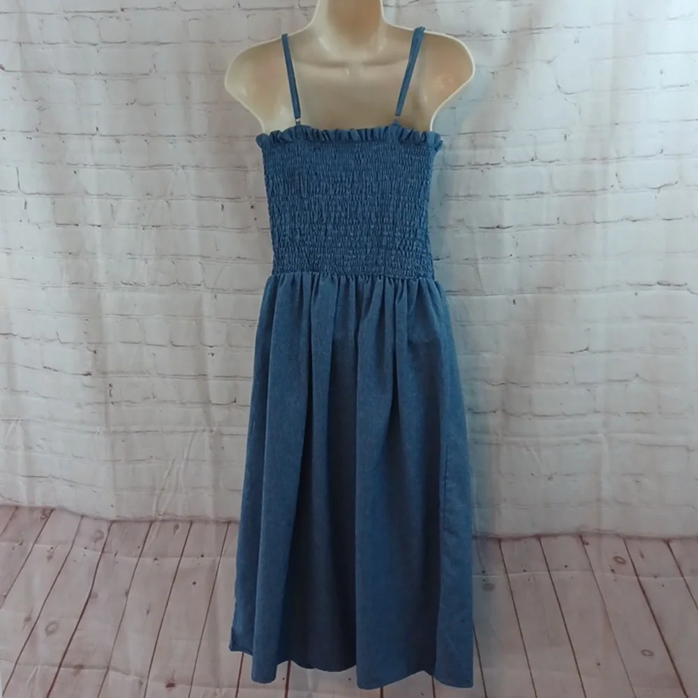 love by chesley chambray prairie smocked sundress button front spaghetti strap l - Picture 4 of 14